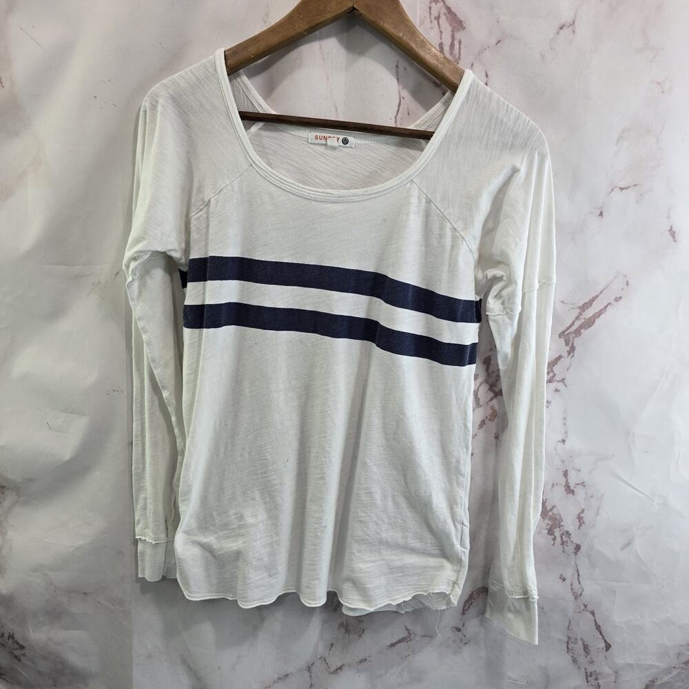 Sundry Shirt Womens XS 0 White Blue Stripe Long Sleeve Tee Drop Shoulder Scoop